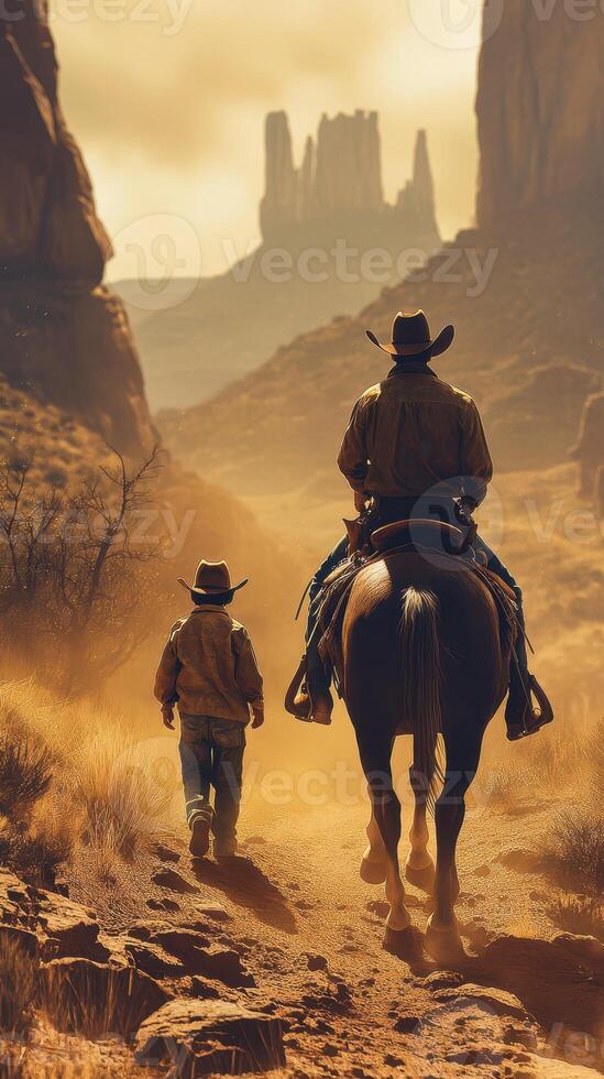 Cowboy and child riding through desert landscape at sunset near iconic rock formations photo