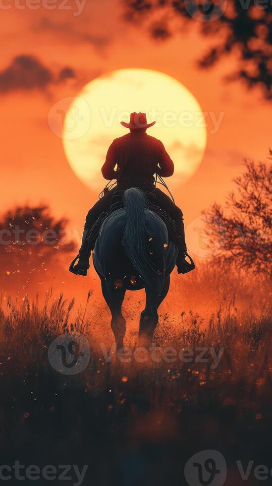 Cowboy riding horse at sunset in open field with vibrant orange sky and silhouettes of trees photo
