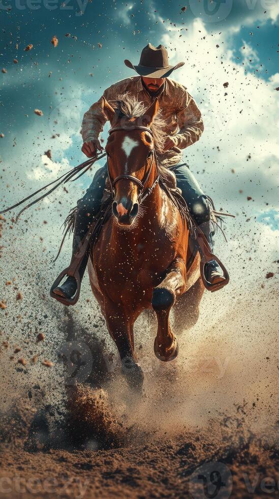 Cowboy riding a brown horse through dusty terrain on a bright day, showcasing speed and agility photo