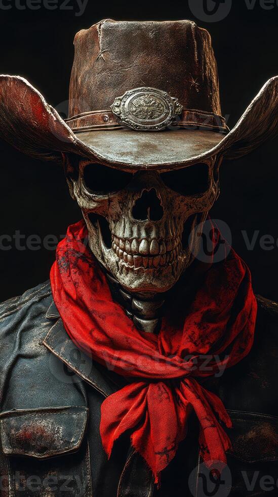 Mysterious skull cowboy in dark attire with a red scarf during a nocturnal western-themed event photo