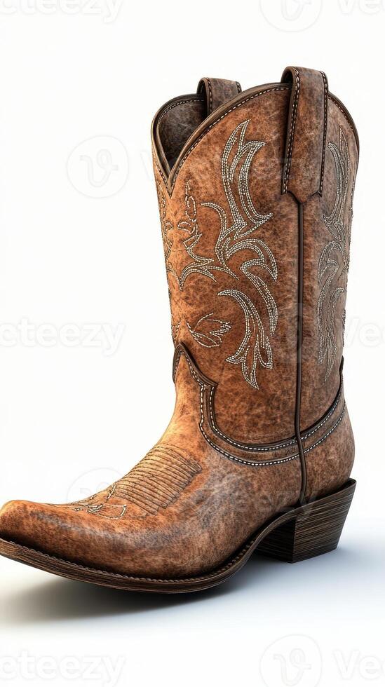 Stylish brown cowboy boot with intricate stitching displayed on a neutral background photo