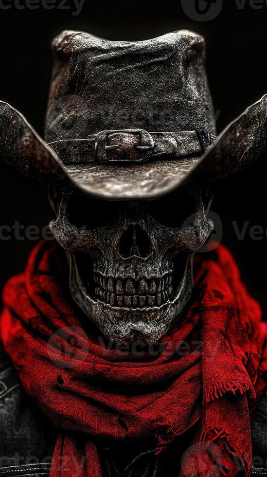 Cowboy skeleton wearing a hat and red scarf stands against a dark background in a striking and eerie portrait photo