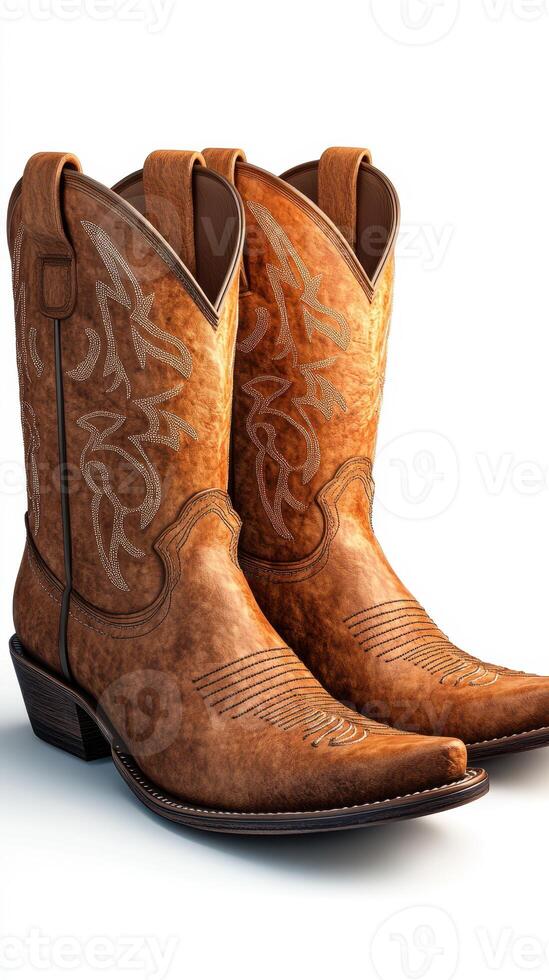 Stylish brown leather cowboy boots with intricate stitching displayed on a light background for fashion enthusiasts photo
