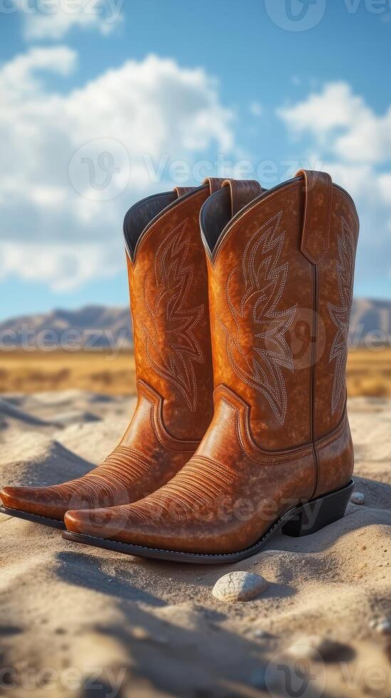 Brown cowboy boots rest on sandy terrain with mountains in the background under a blue sky photo