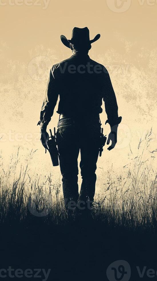 Silhouette of a cowboy walking through tall grass during sunset in a tranquil rural landscape photo