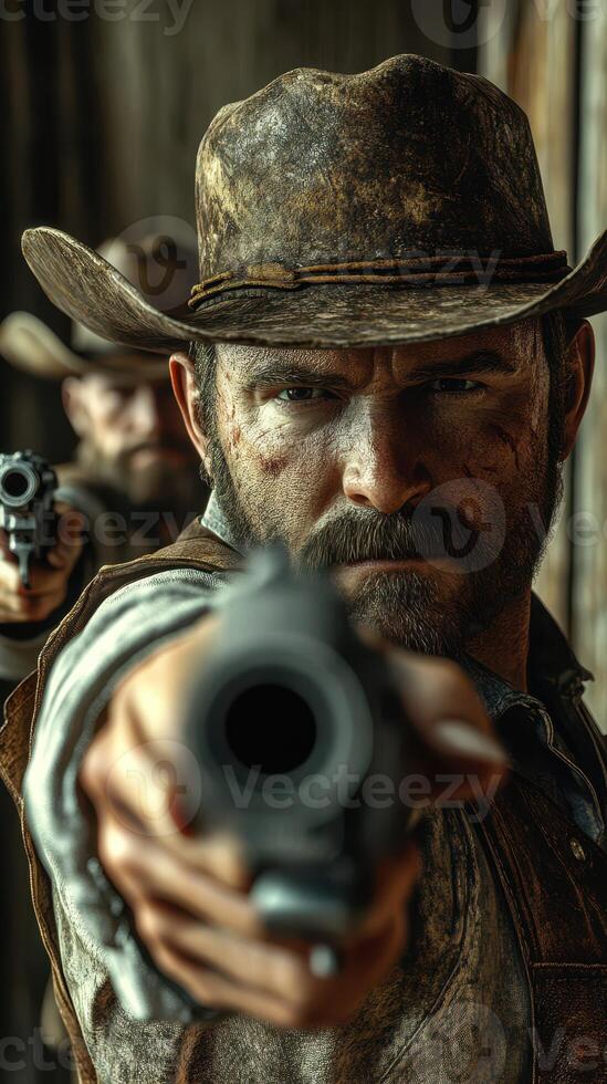 Intense standoff between two cowboys in a dusty old town during a western showdown photo