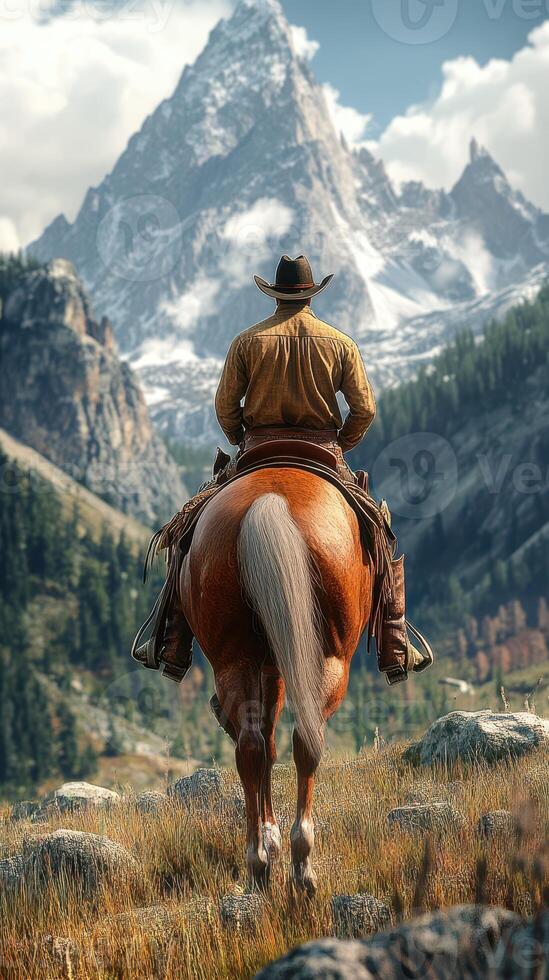 Cowboy on horse gazing at mountain landscape during a clear day in the wild west photo