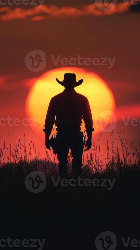 Silhouette of a cowboy against a vibrant sunset on an open range at dusk photo