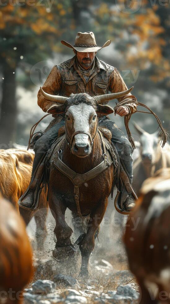 Cowboy herding cattle through a forest during autumn with vibrant leaves in the background photo