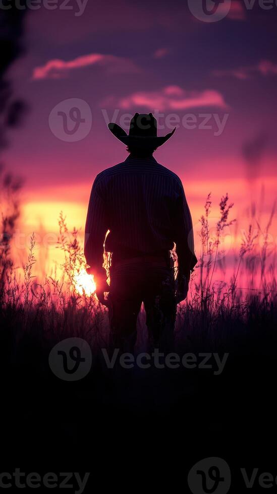 Cowboy silhouette against a vibrant sunset in the open fields during evening hours photo