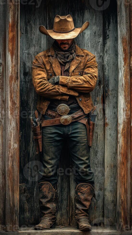 Cowboy stands confidently against a rustic wooden backdrop in a dramatic pose during a clear day photo