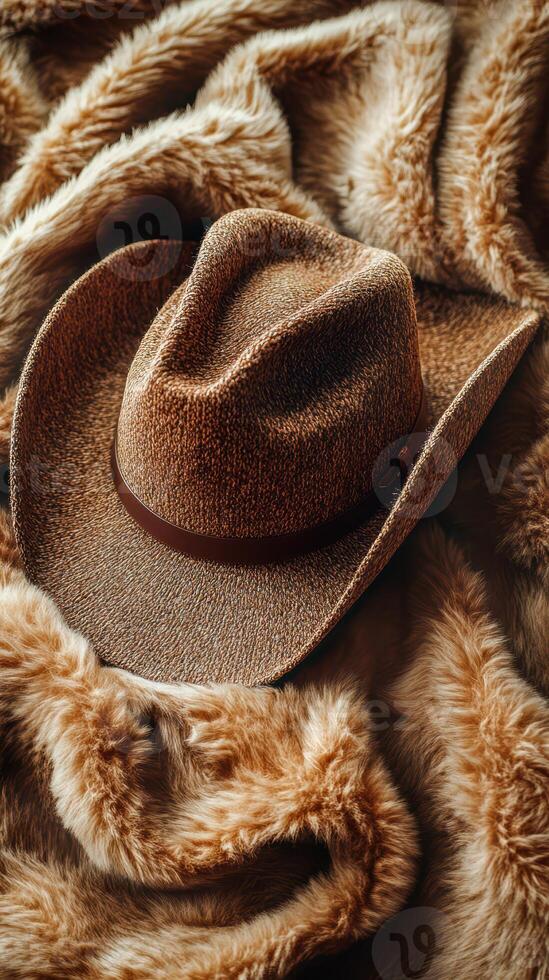 Western cowboy hat resting on luxurious fur blanket with warm colors enhancing texture and style photo