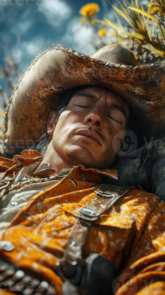Cowboy resting under the sun with a worn hat and rugged attire in a rural landscape photo