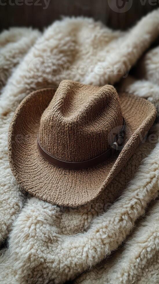 Brown cowboy hat resting on a cozy wool blanket in a rustic setting photo
