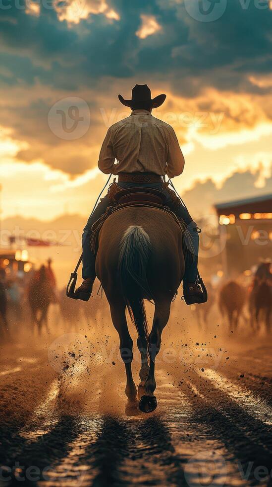 Cowboy riding horse at sunset with dramatic clouds over a dusty rodeo arena in the countryside photo