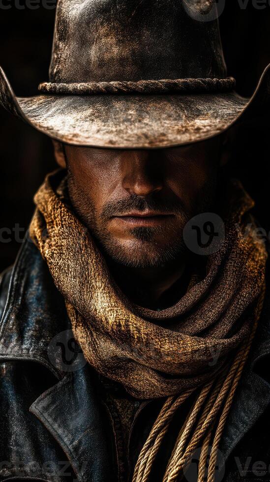 Rugged cowboy in a weathered hat and scarf displays a strong character in a dimly lit setting photo