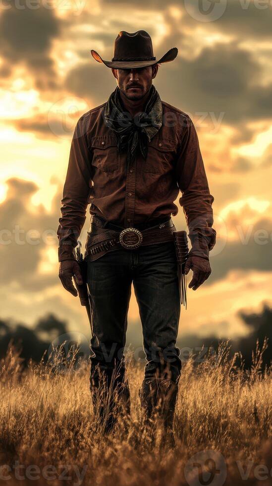 Cowboy standing in a field during sunset with dramatic clouds in the background photo