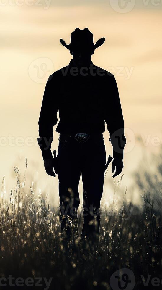 Silhouette of a cowboy standing in tall grass during sunset in an open landscape photo