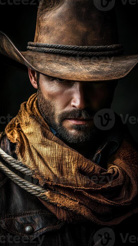 Cowboy with weathered hat and scarf gazes intently in low light setting while gripping a coiled rope photo