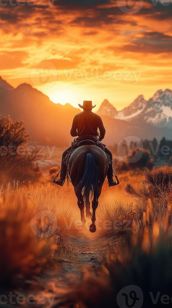 Cowboy riding a horse during sunset in a mountainous landscape with vibrant orange skies photo