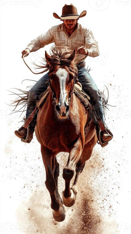 Cowboy riding a galloping horse in an open field during a sunny day, showcasing skill and speed in an outdoor adventure photo