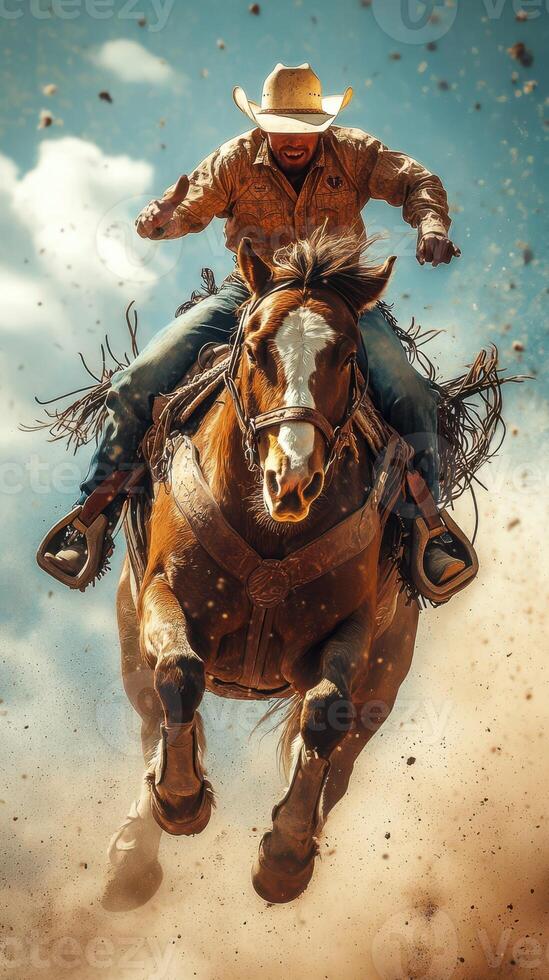 Rider expertly controls horse while galloping through dust during outdoor event in bright sunlight photo
