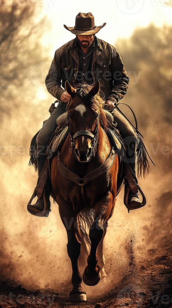 Cowboy riding a horse through dusty terrain at sunset, showcasing the spirit of the Wild West in open countryside photo