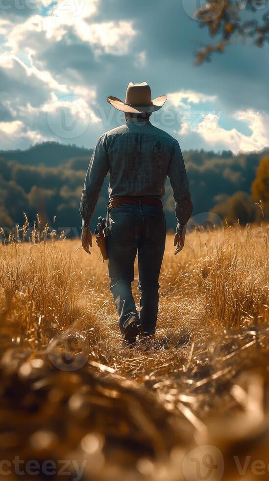 Cowboy walking through golden grasslands under a dramatic sky in a serene countryside setting photo