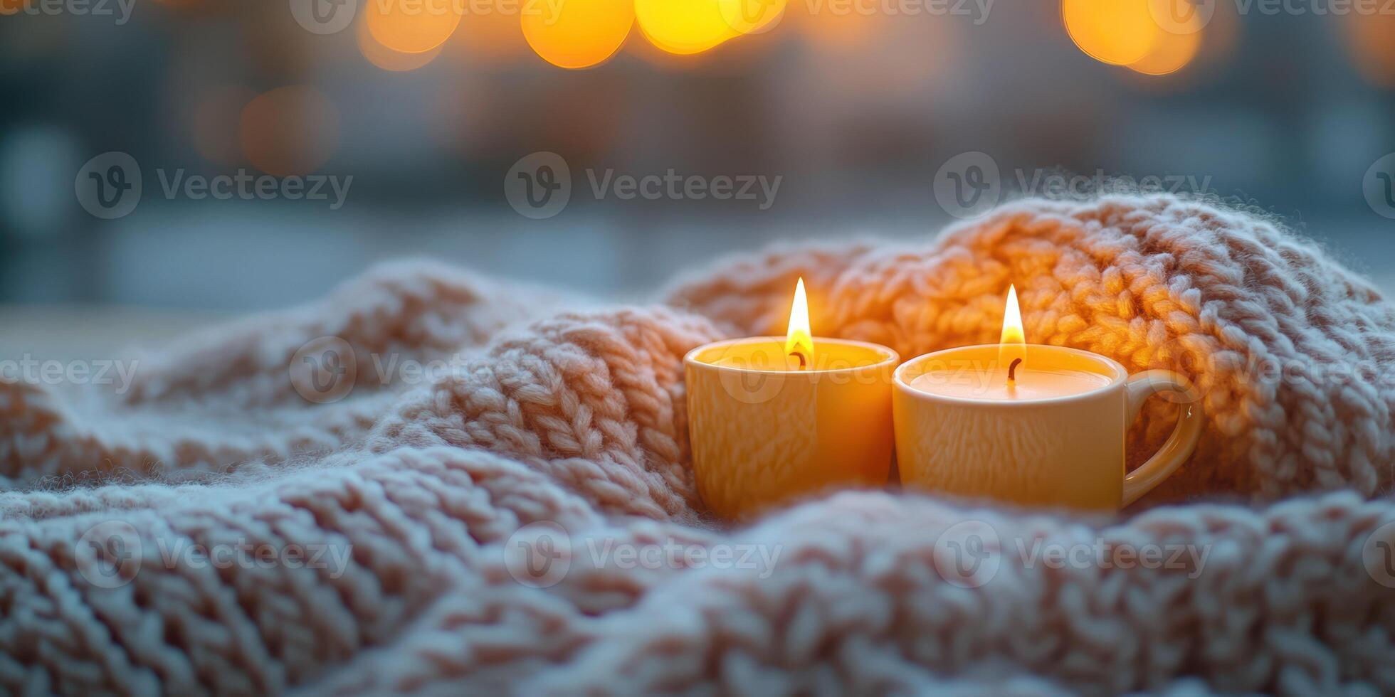 Cozy evening with candles and a warm blanket by the fireplace in a tranquil setting photo