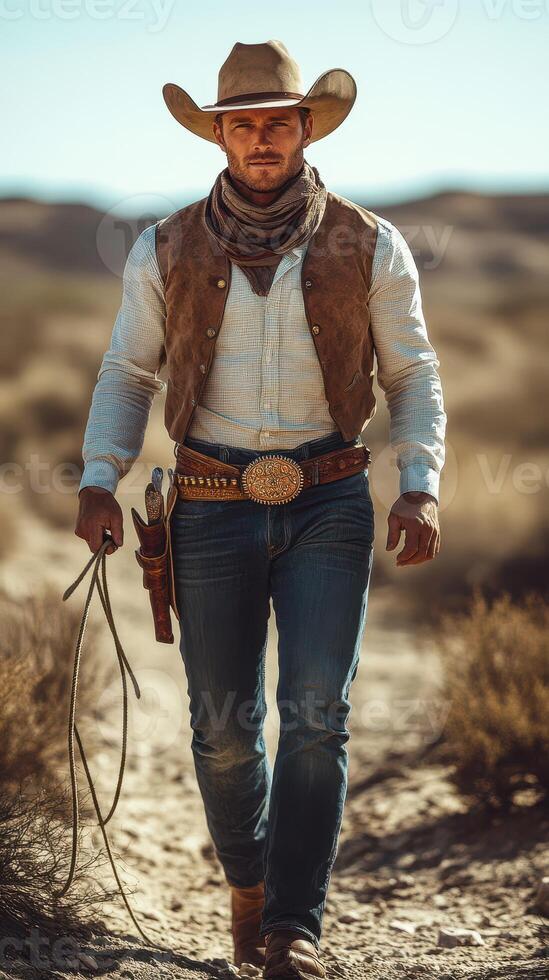 Cowboy walking confidently through desert landscape with lasso and western attire during bright sunny day photo