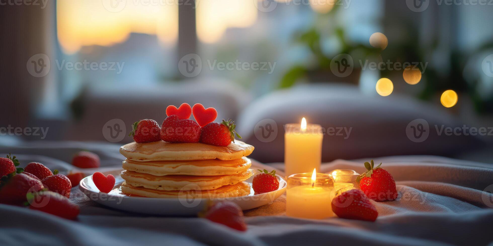 Delicious pancakes topped with fresh strawberries and hearts, perfect for a romantic evening at home with soft candlelight photo