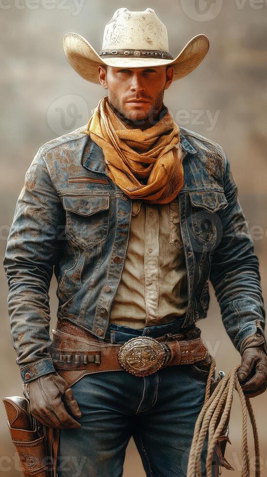 Cowboy in denim attire holds rope while standing confidently in a rustic environment photo