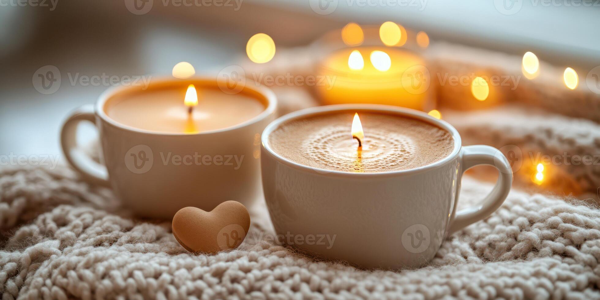 Warm cups of coffee beside lit candles create a cozy atmosphere on a soft blanket during a chilly evening photo