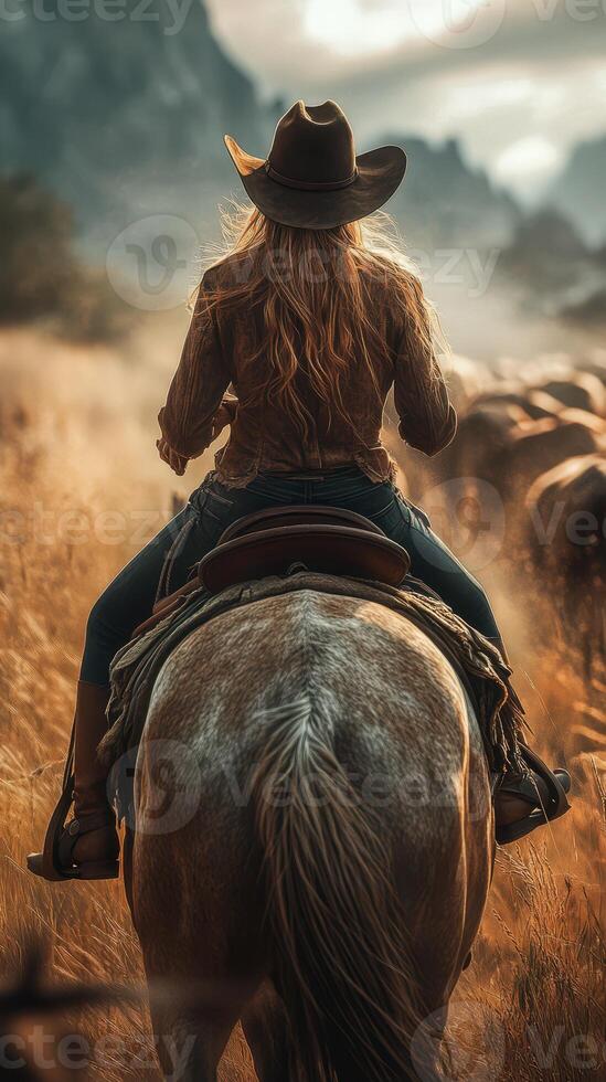 Cowgirl riding horse during cattle drive in golden light at sunset in the mountains photo
