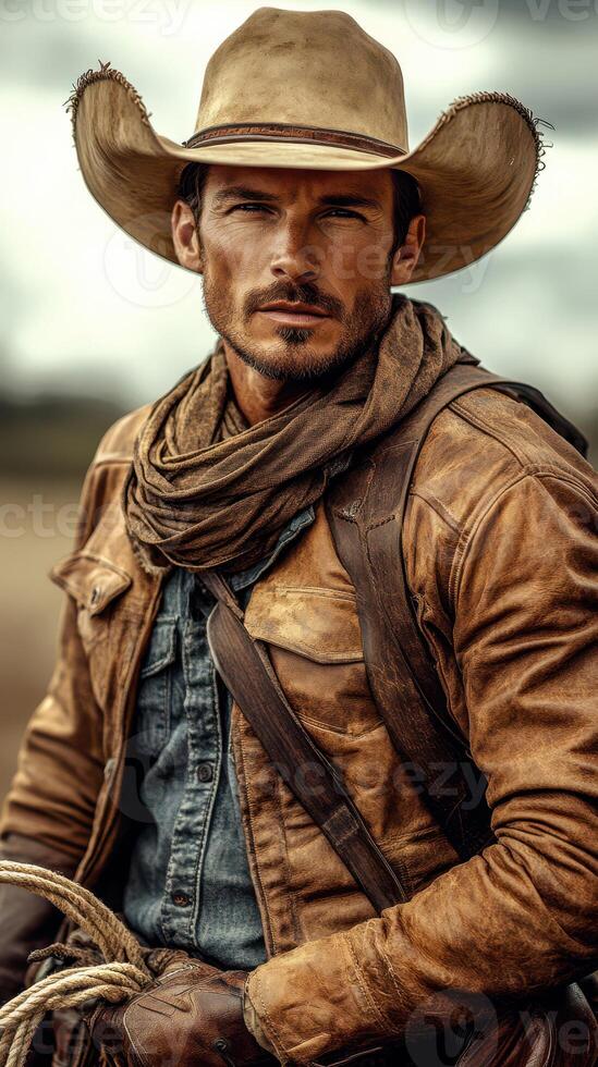 Rustic cowboy in leather attire stands confidently in a wide-open landscape during a cloudy day photo