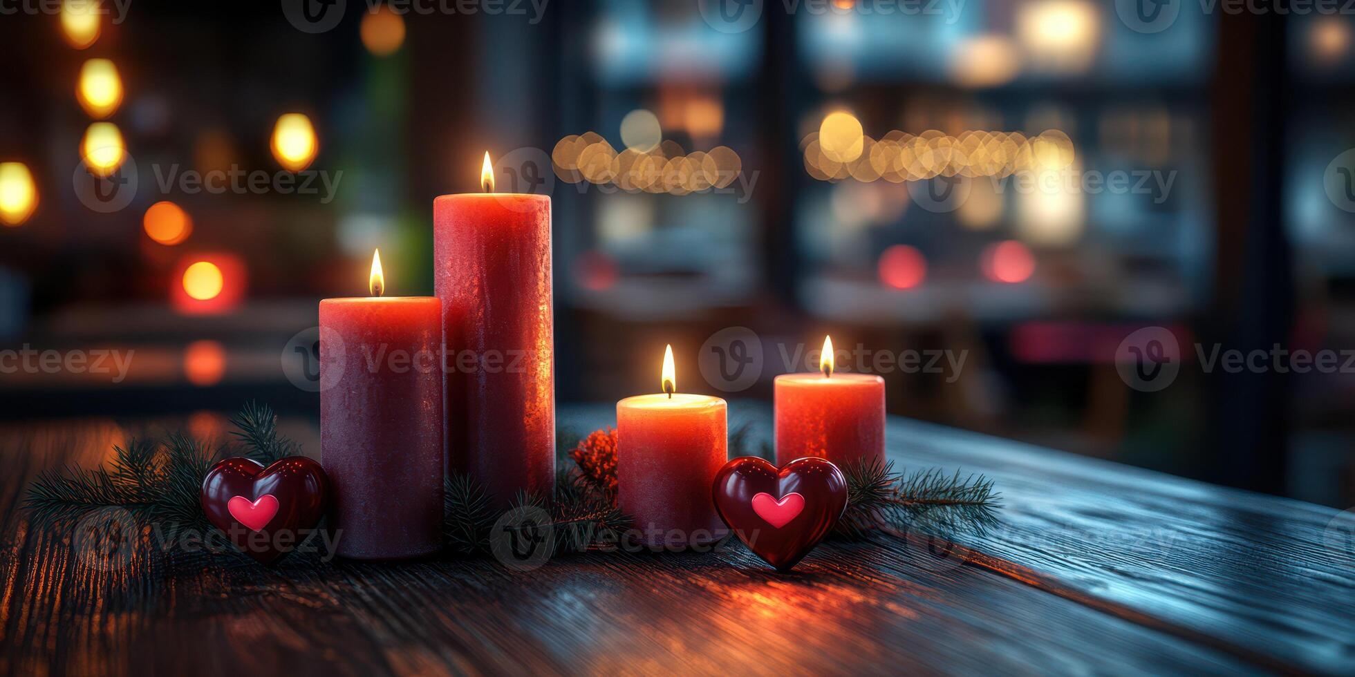 Romantic candle arrangement enhances cozy ambiance in a dimly lit restaurant during an intimate dinner photo