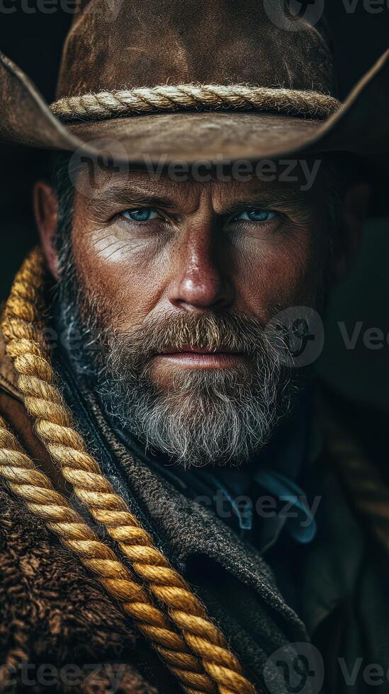 Portrait of a rugged cowboy in a brown hat with a rope during a sunset western atmosphere photo
