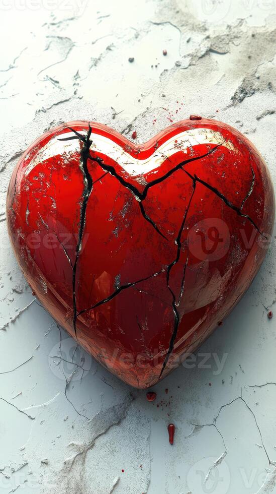 Heart-shaped object cracked on a textured surface, symbolizing broken feelings and emotions, with a vivid red hue photo