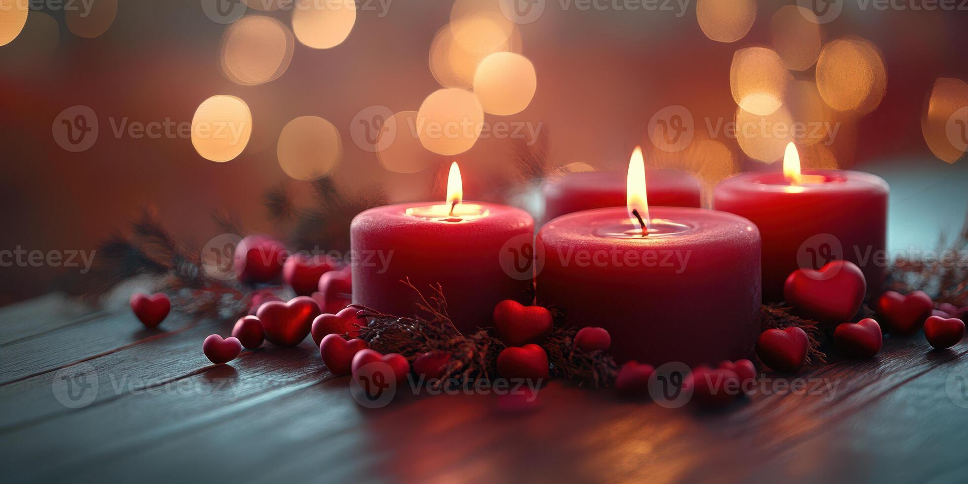 Romantic candles and heart-shaped decorations create a cozy atmosphere for a special evening photo