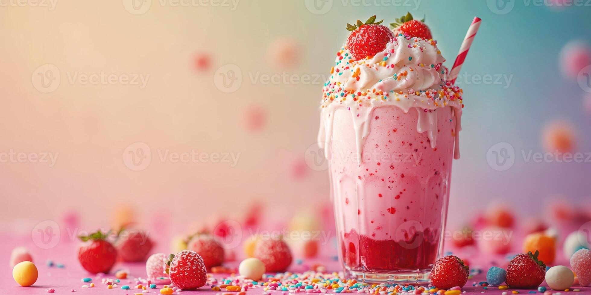 Delicious pink milkshake topped with whipped cream and strawberries on a colorful background with candy sprinkles photo