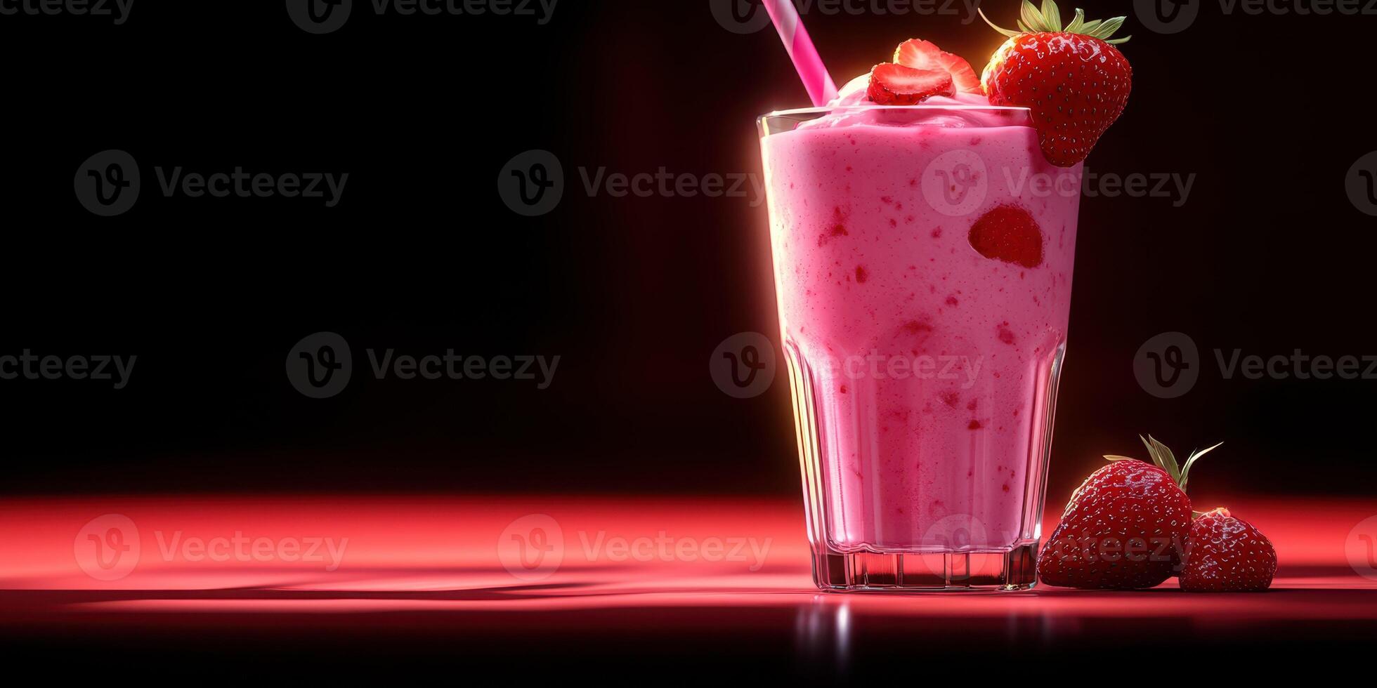 Refreshing strawberry smoothie served in a tall glass with fresh strawberries on a vibrant red background photo