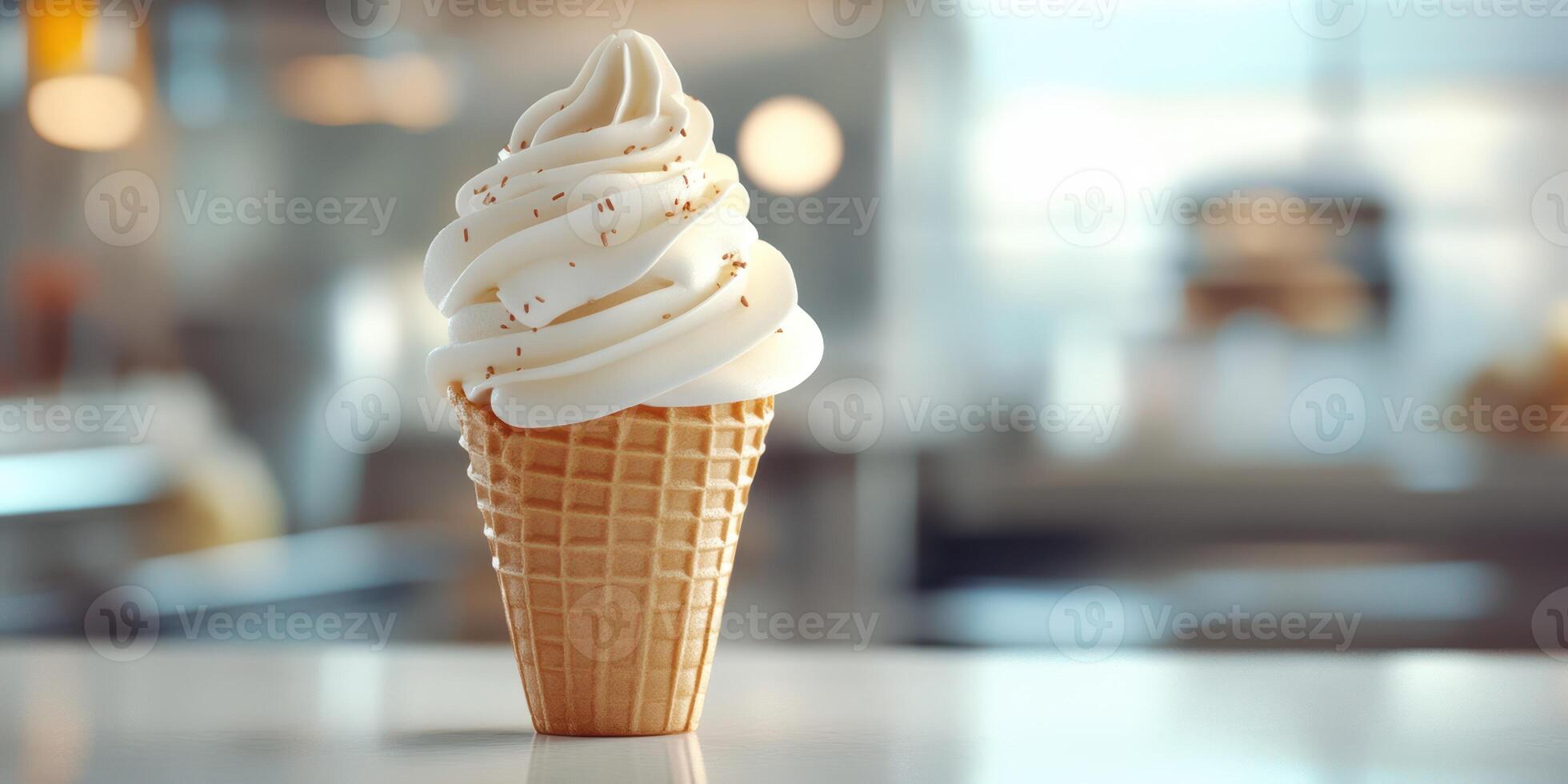 Creamy soft serve ice cream cone served in a waffle cone at a bright, modern creamery during the afternoon photo