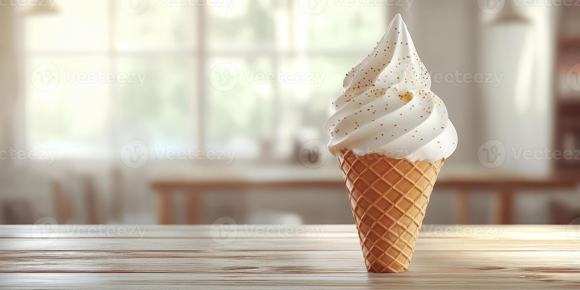 Enjoying a delightful ice cream cone in a cozy cafe setting during the afternoon photo