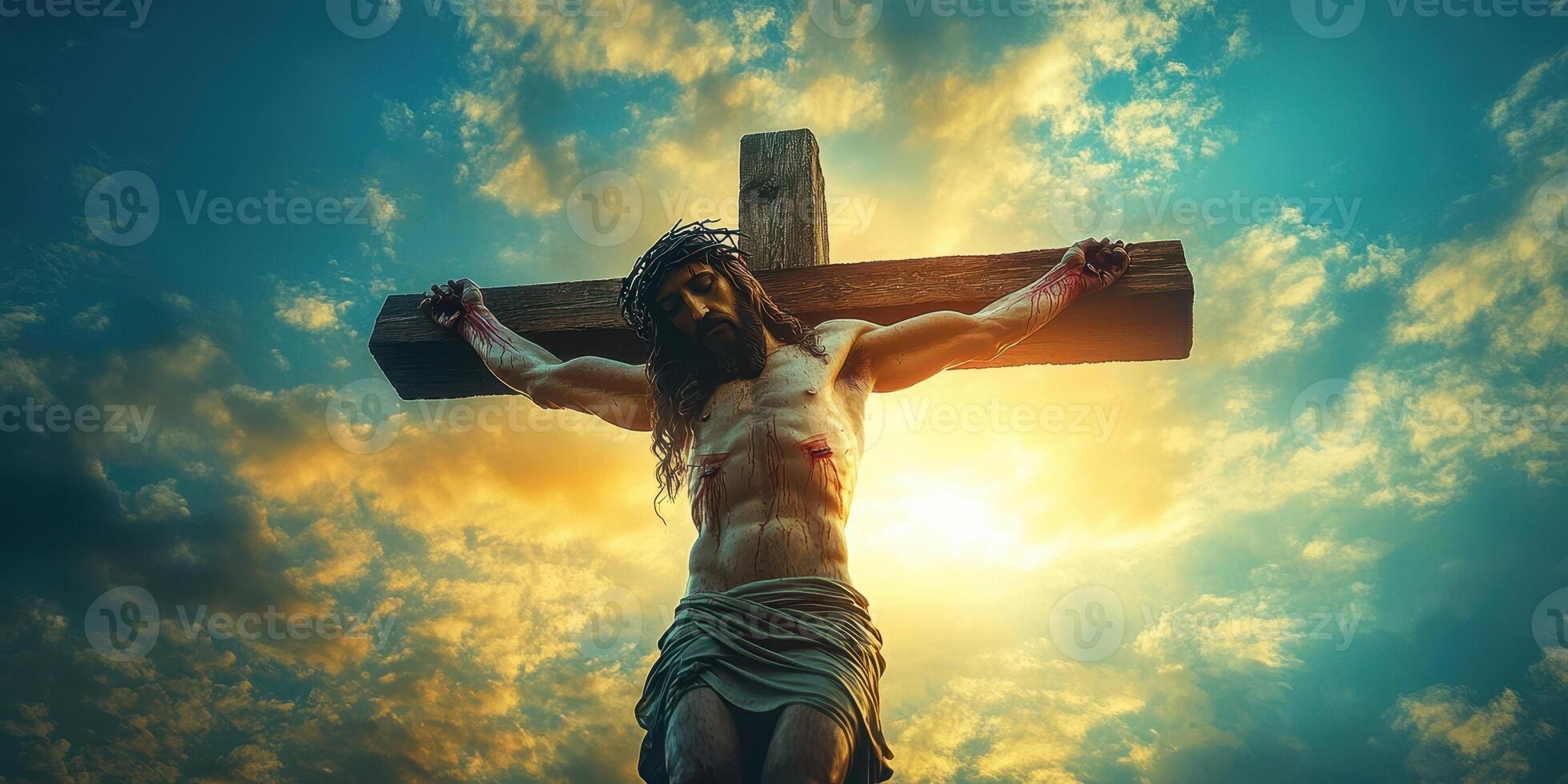Crucifixion representation at sunset with dramatic clouds and golden light in the background photo