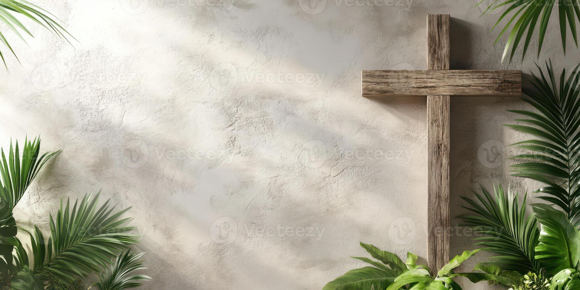Wooden cross surrounded by lush greenery in a serene and spiritual setting photo