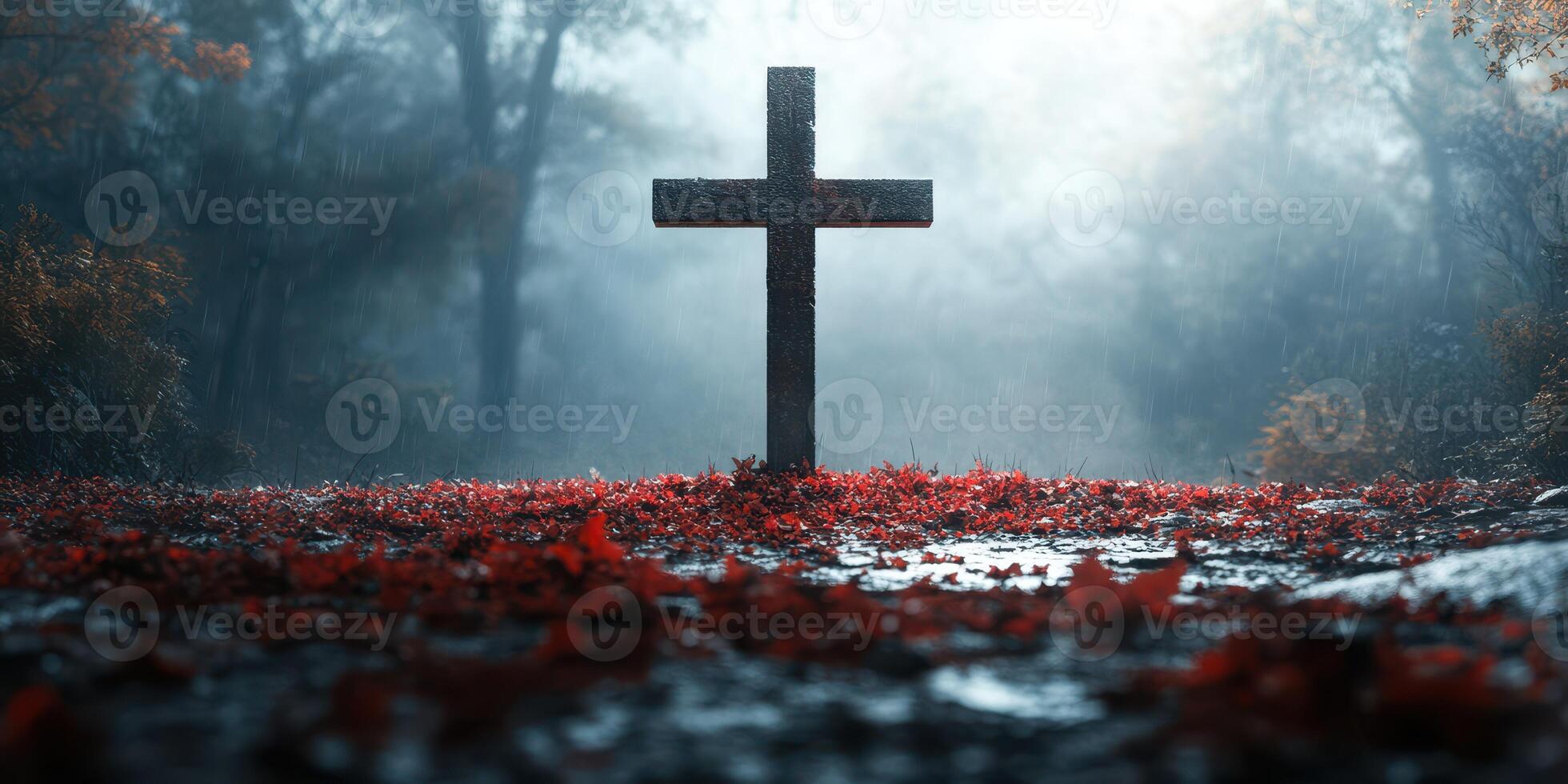 Misty landscape with a cross surrounded by red leaves on a quiet path in the forest during early morning hours photo