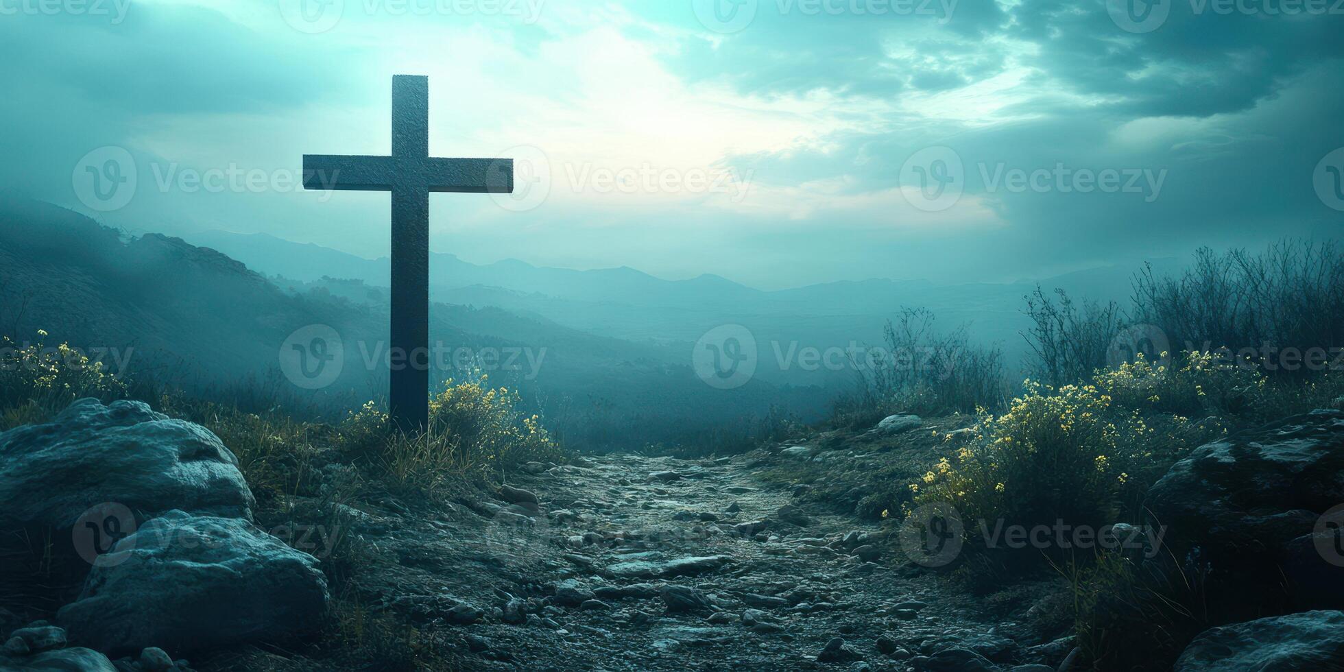 Serene landscape with a wooden cross surrounded by flowers at dusk in a mountain setting photo