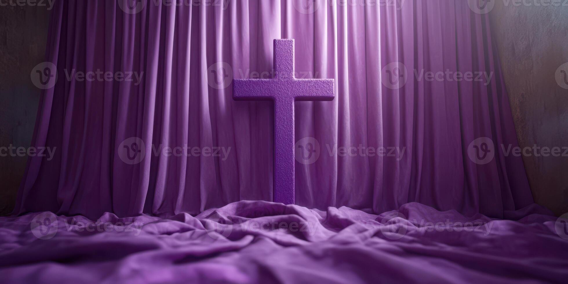 Purple cross displayed against a rich draped fabric in a serene setting for reflection and contemplation photo