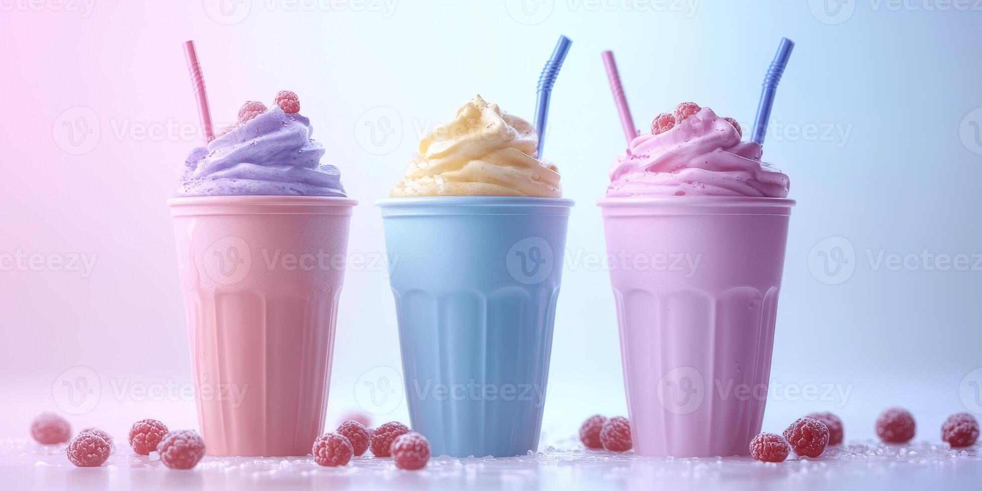 Colorful milkshakes in pastel shades with raspberries on a bright surface photo