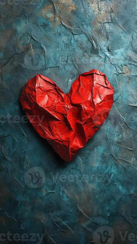 Crumpled red heart sculpture on a textured blue background showcasing artistic expression and emotion photo